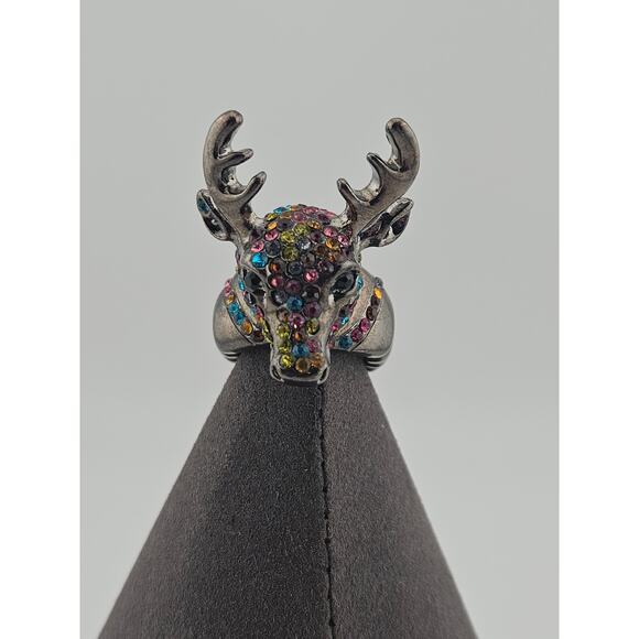 Multicolor Rhinestone Stag Deer Ring Adjustable Dark Gray Artsy Fairycore Nature - Picture 1 of 3